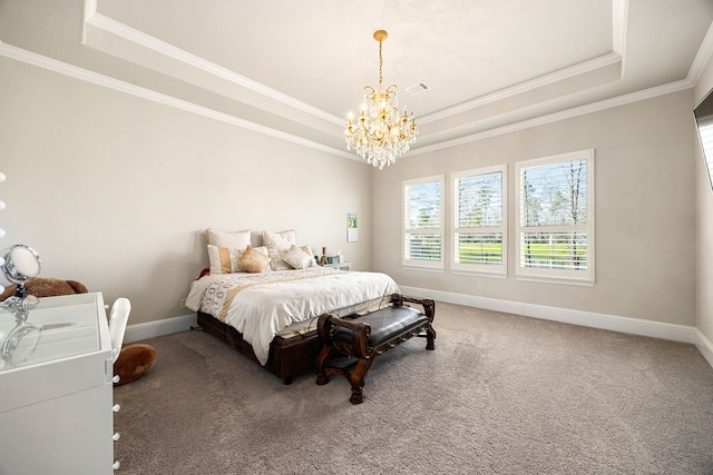 17023 Sweet Bay Ct, Conroe, TX 77385 - bedroom featuring a tray ceiling, crown molding, a chandelier, and carpet