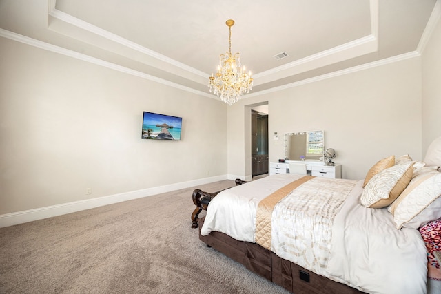 17023 Sweet Bay Ct, Conroe, TX 77385 - carpeted bedroom with a raised ceiling, a chandelier, and crown molding