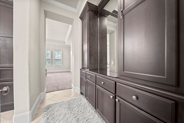 17023 Sweet Bay Ct, Conroe, TX 77385 - hallway with ornamental molding and light carpet