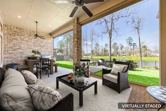 17023 Sweet Bay Ct, Conroe, TX 77385 - fenced backyard with a ceiling fan, an outdoor hangout area, and a patio area