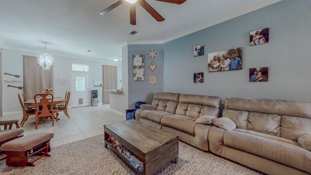 7475 Wooded Creek Dr, Beaumont, TX 77708 - living area with ornamental molding, ceiling fan, a chandelier, and light tile patterned flooring
