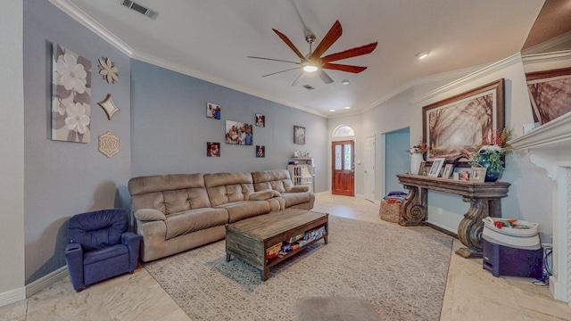 7475 Wooded Creek Dr, Beaumont, TX 77708 - living area with a ceiling fan, crown molding, and recessed lighting