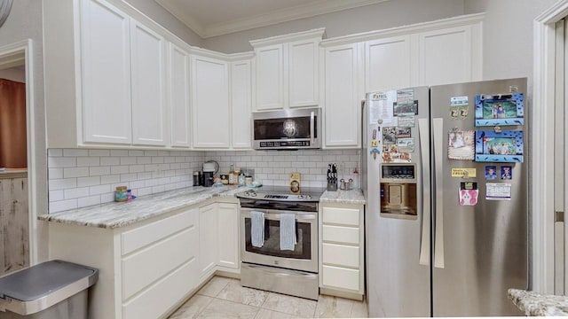 7475 Wooded Creek Dr, Beaumont, TX 77708 - kitchen with appliances with stainless steel finishes, decorative backsplash, white cabinets, light stone countertops, and crown molding