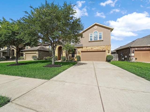 4202 Lodge Ranch Ct, Fulshear, TX 77441 - traditional home featuring driveway, stucco siding, a front yard, and an attached garage