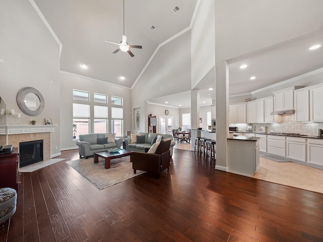 4202 Lodge Ranch Ct, Fulshear, TX 77441 - living area with crown molding, a ceiling fan, high vaulted ceiling, wood-type flooring, and a tiled fireplace