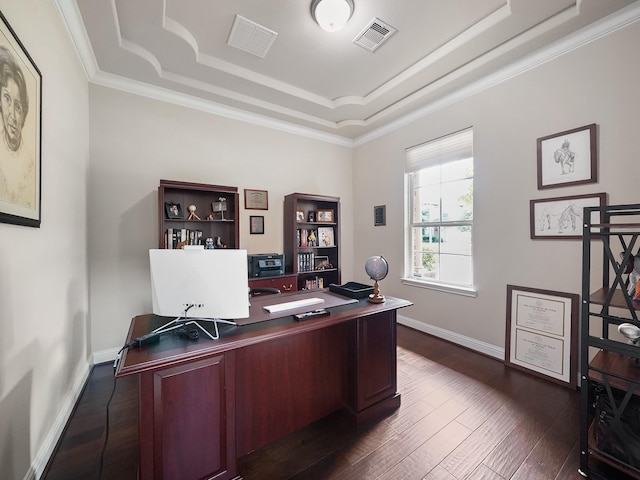 4202 Lodge Ranch Ct, Fulshear, TX 77441 - office with a tray ceiling, dark wood-style flooring, and ornamental molding