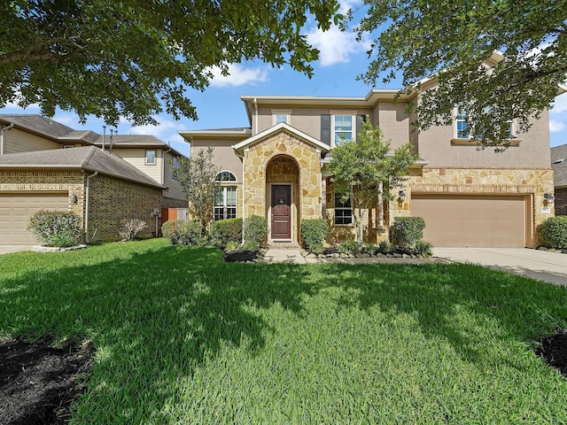 4202 Lodge Ranch Ct, Fulshear, TX 77441 - traditional-style house featuring stucco siding, stone siding, concrete driveway, a front yard, and an attached garage