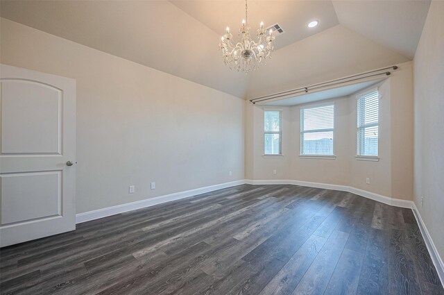14538 Bending Maple Dr, Houston, TX 77069 - unfurnished room with a chandelier, lofted ceiling, dark wood-type flooring, and recessed lighting