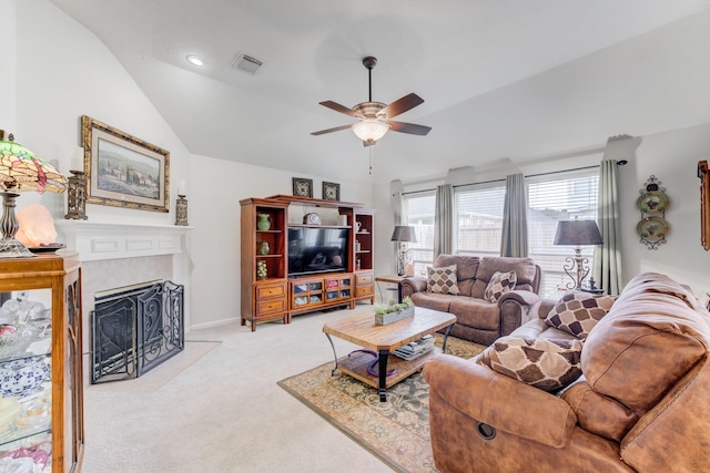 17906 Keenan Cv, Houston, TX 77084 - carpeted living area with ceiling fan, a fireplace with flush hearth, and lofted ceiling