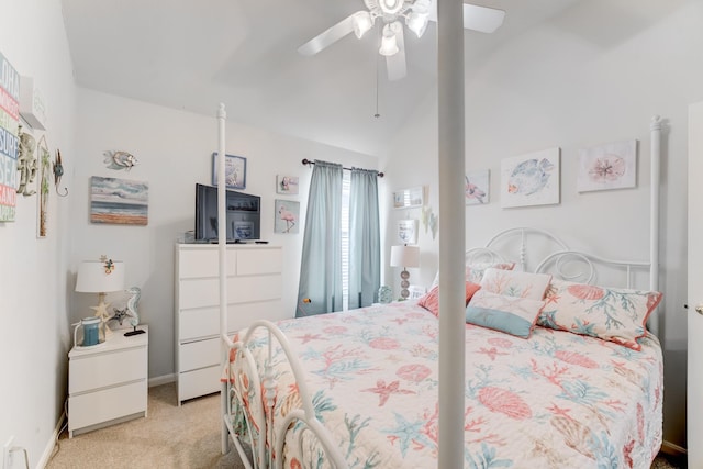 17906 Keenan Cv, Houston, TX 77084 - bedroom with light carpet, vaulted ceiling, and a ceiling fan