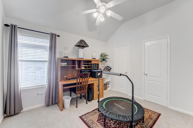 17906 Keenan Cv, Houston, TX 77084 - office space featuring light colored carpet, lofted ceiling, and ceiling fan