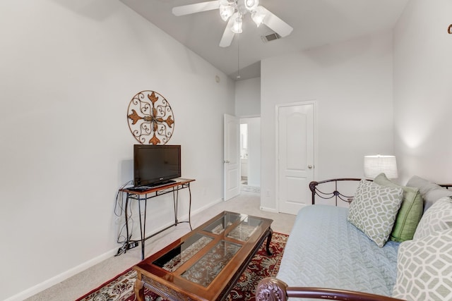 17906 Keenan Cv, Houston, TX 77084 - carpeted living area with a ceiling fan and high vaulted ceiling