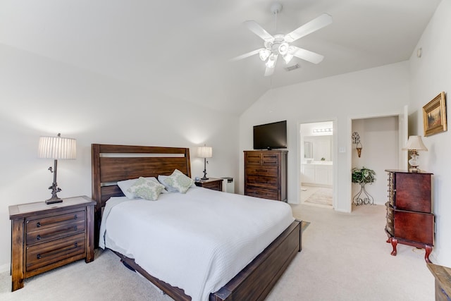 17906 Keenan Cv, Houston, TX 77084 - bedroom with light carpet, lofted ceiling, ensuite bath, and a ceiling fan