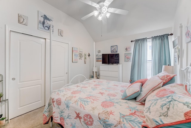 17906 Keenan Cv, Houston, TX 77084 - bedroom with lofted ceiling, carpet flooring, a closet, and a ceiling fan