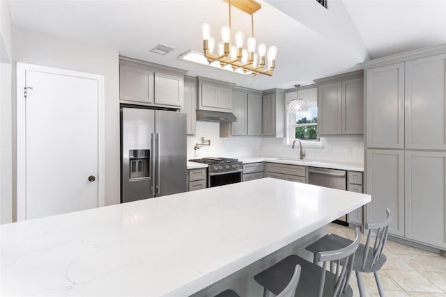 500 E Main St, Clute, TX 77531 - kitchen with stainless steel appliances, gray cabinets, under cabinet range hood, decorative backsplash, and a chandelier
