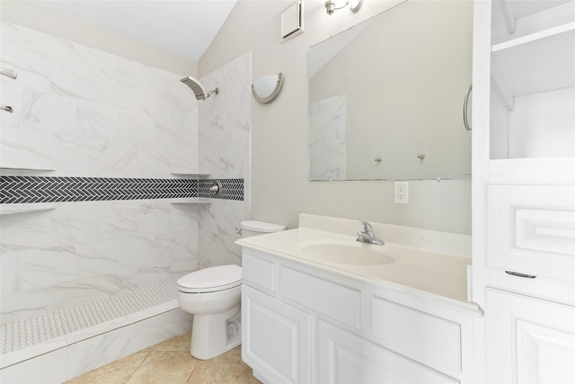 500 E Main St, Clute, TX 77531 - full bath featuring vanity, a marble finish shower, lofted ceiling, and tile patterned flooring