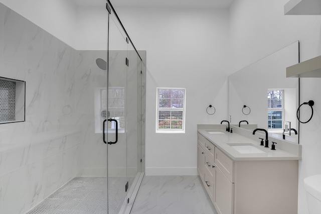 17128 Spindle Oaks Dr, Conroe, TX 77385 - full bathroom featuring marble finish flooring, plenty of natural light, and a stall shower
