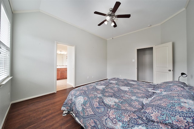 506 Glenwood Ridge Dr, Spring, TX 77386 - bedroom with lofted ceiling, crown molding, multiple windows, wood finished floors, and ceiling fan