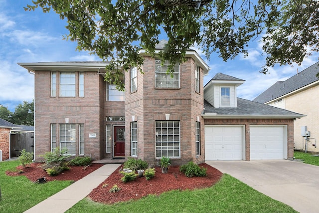 2613 Broussard Ct, Seabrook, TX 77586 - traditional-style home with driveway, an attached garage, brick siding, and a shingled roof