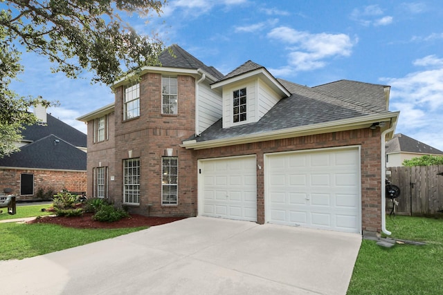2613 Broussard Ct, Seabrook, TX 77586 - traditional-style home with concrete driveway, roof with shingles, brick siding, and a garage