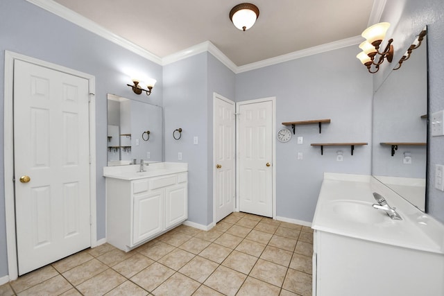 2613 Broussard Ct, Seabrook, TX 77586 - bathroom featuring two vanities, tile patterned flooring, and crown molding