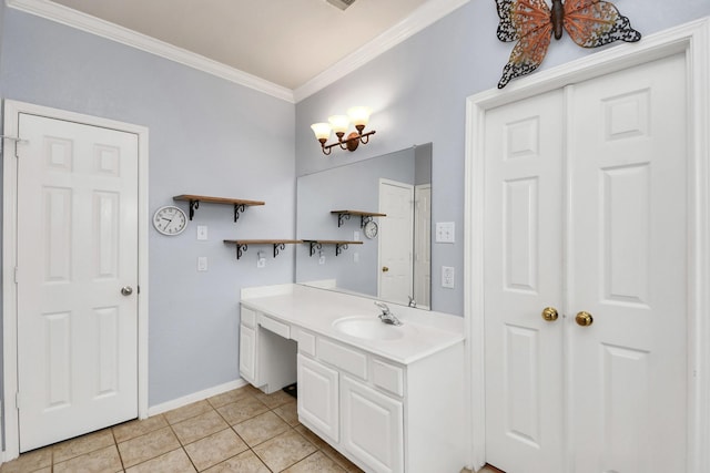 2613 Broussard Ct, Seabrook, TX 77586 - bathroom with vanity, ornamental molding, tile patterned flooring, and a chandelier
