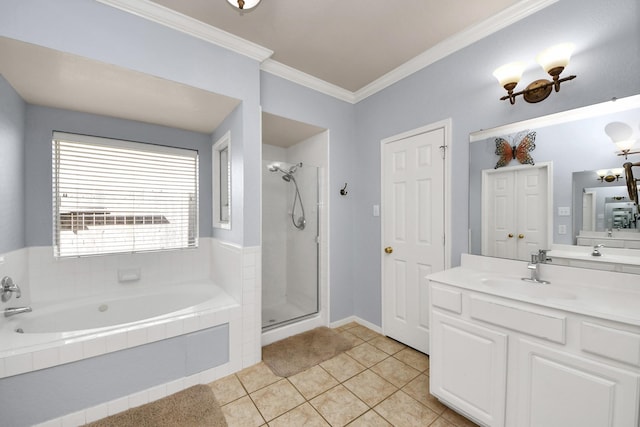 2613 Broussard Ct, Seabrook, TX 77586 - bathroom featuring a bath, vanity, crown molding, a shower stall, and tile patterned flooring