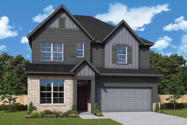421 Silver Moon Way, Katy, TX 77493 - view of front facade with board and batten siding, a garage, a standing seam roof, concrete driveway, and stone siding