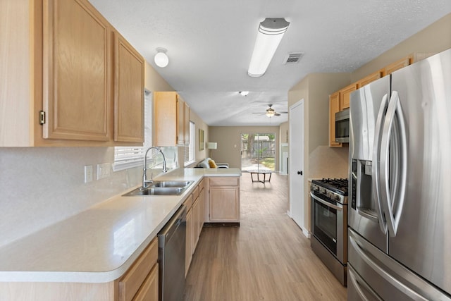 29222 Waltham St, Spring, TX 77386 - kitchen with appliances with stainless steel finishes, a peninsula, light brown cabinetry, light wood-type flooring, and light countertops