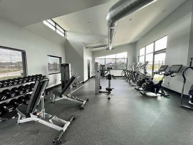 21230 Blue Bluff Dr, Cypress, TX 77433 - gym with a high ceiling and baseboards