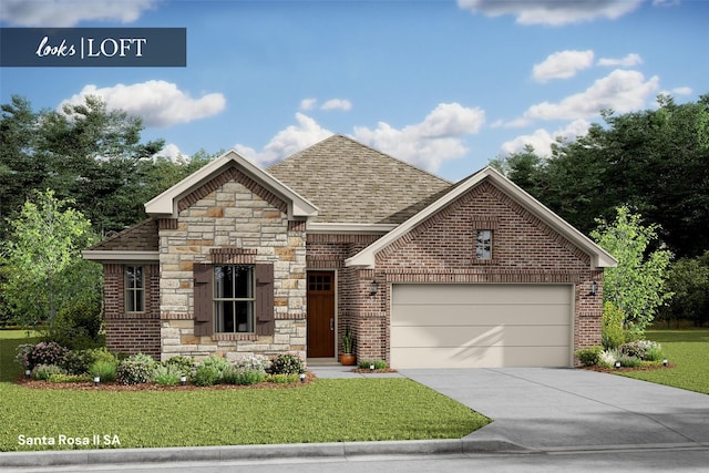 21230 Blue Bluff Dr, Cypress, TX 77433 - view of front of house with an attached garage, driveway, brick siding, a front yard, and roof with shingles