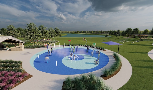 21230 Blue Bluff Dr, Cypress, TX 77433 - view of community with a gazebo, a lawn, and a water view