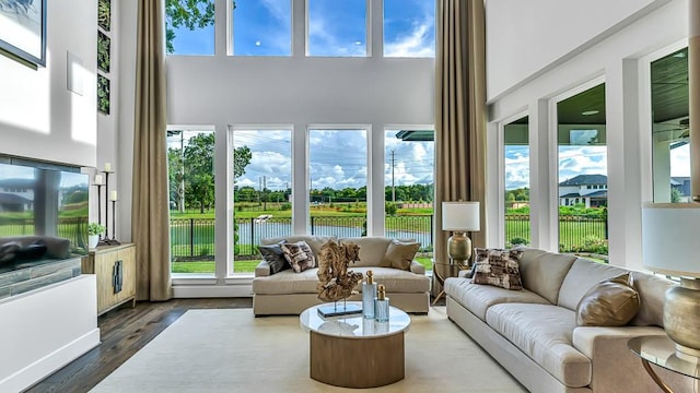 21726 Emerton Crescent Way, Cypress, TX 77433 - sunroom / solarium featuring a towering ceiling, wood finished floors, healthy amount of natural light, and a water view