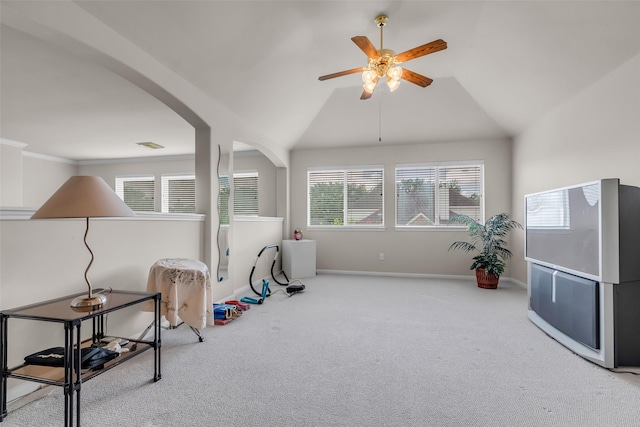 13811 Brannon Field Ln, Houston, TX 77041 - recreation room with carpet flooring, ceiling fan, healthy amount of natural light, arched walkways, and lofted ceiling