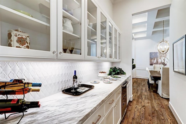 325 W 23rd St, Houston, TX 77008 - bar area featuring decorative backsplash, dark wood-style flooring, beam ceiling, coffered ceiling, and wine cooler