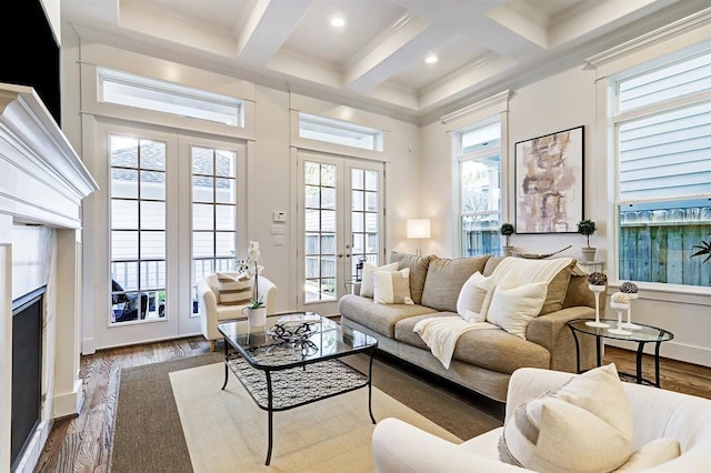 325 W 23rd St, Houston, TX 77008 - living room with french doors, beam ceiling, wood finished floors, coffered ceiling, and a high ceiling
