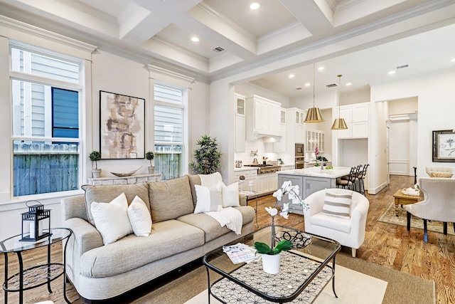325 W 23rd St, Houston, TX 77008 - living room featuring beam ceiling, wood finished floors, ornamental molding, coffered ceiling, and recessed lighting