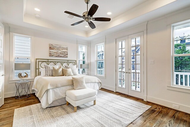 325 W 23rd St, Houston, TX 77008 - bedroom featuring access to exterior, french doors, wood finished floors, crown molding, and a raised ceiling