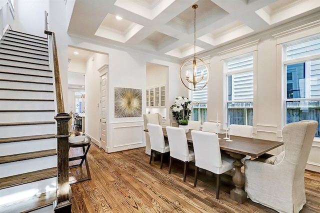 325 W 23rd St, Houston, TX 77008 - dining area featuring stairs, wood finished floors, coffered ceiling, beam ceiling, and ornamental molding