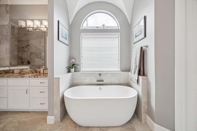 1219 W 25th St Unit A, Houston, TX 77008 - bathroom with vanity, a freestanding tub, and a tile shower