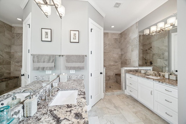 1219 W 25th St Unit A, Houston, TX 77008 - bathroom featuring ornamental molding, a chandelier, marble finish floors, walk in shower, and two vanities