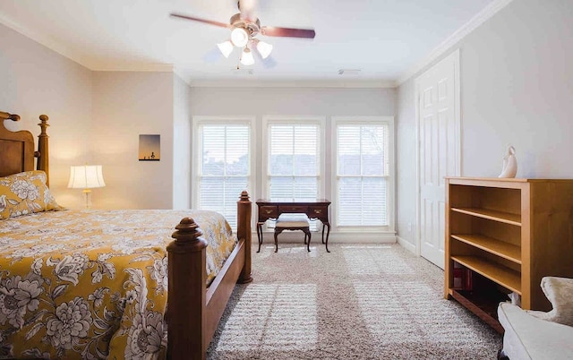 1616 Southmore Blvd, Houston, TX 77004 - bedroom with light colored carpet, ornamental molding, and a ceiling fan