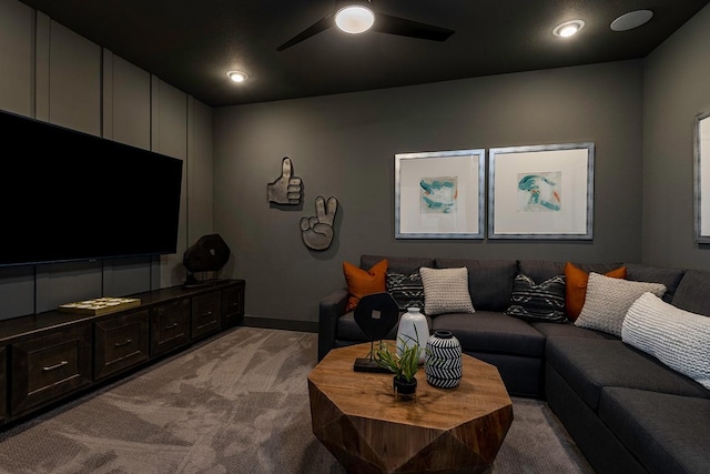 9218 Heckenberg Arbor Ln, Cypress, TX 77433 - carpeted living room with a ceiling fan and baseboards