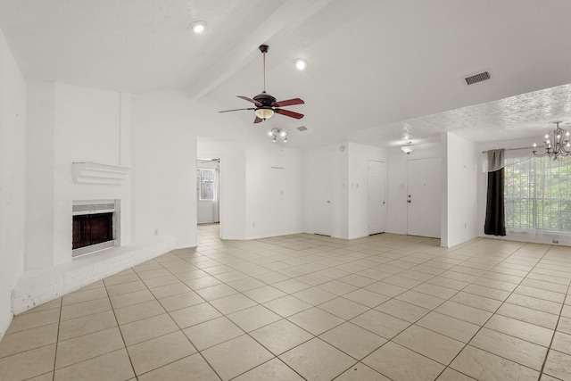 4718 Misty Shadows Dr, Houston, TX 77041 - unfurnished living room with light tile patterned floors, ceiling fan, a chandelier, and a brick fireplace
