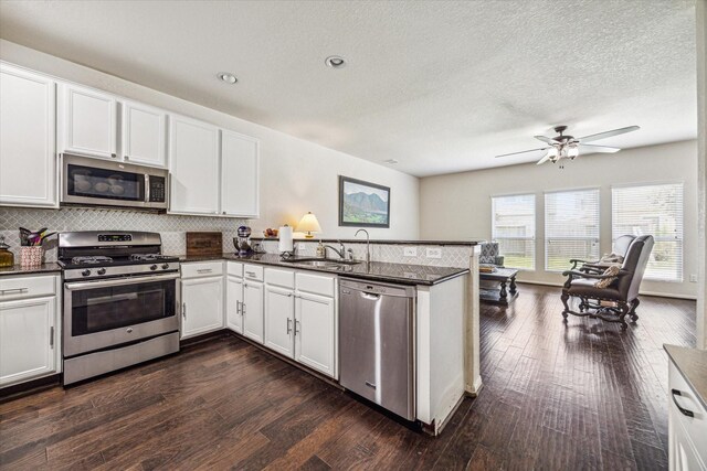 18314 Harvest Star Ct, Houston, TX 77084 - kitchen with stainless steel appliances, a peninsula, white cabinetry, dark wood-style floors, and tasteful backsplash