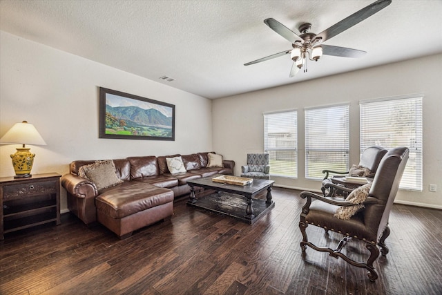 18314 Harvest Star Ct, Houston, TX 77084 - living room featuring wood-type flooring, ceiling fan, plenty of natural light, and a textured ceiling