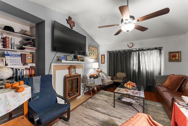 6701 Sands Point Dr Unit 114, Houston, TX 77074 - living area featuring a ceiling fan, lofted ceiling, and wood finished floors