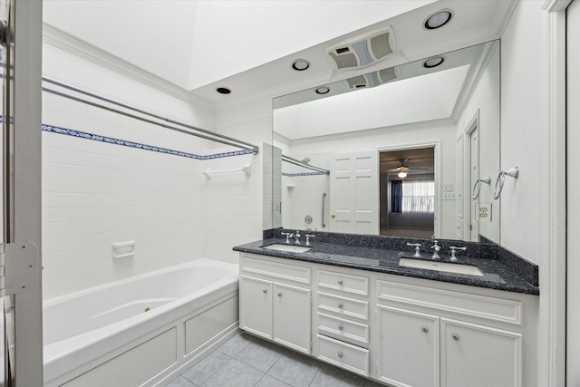 4932 Post Oak Timber Dr, Houston, TX 77056 - bathroom with bathing tub / shower combination, double vanity, tile patterned flooring, crown molding, and ceiling fan