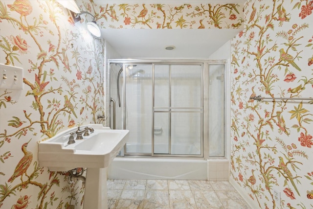 4932 Post Oak Timber Dr, Houston, TX 77056 - full bathroom featuring wallpapered walls, combined bath / shower with glass door, and marble finish flooring