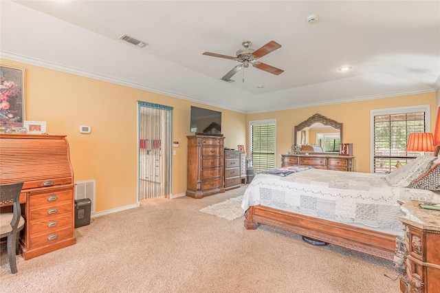 459 Brookwood Dr, Diboll, TX 75941 - carpeted bedroom with crown molding, a ceiling fan, a tray ceiling, and a desk